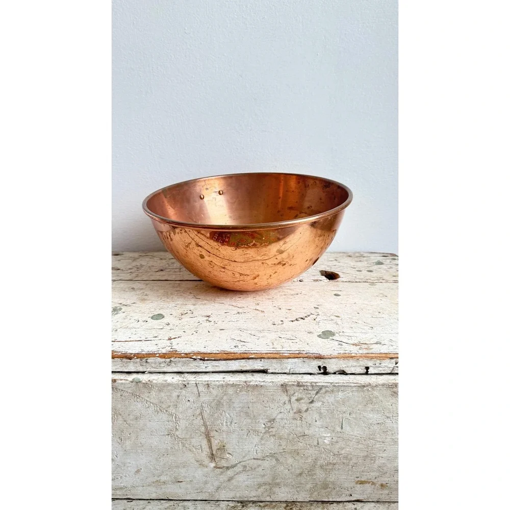 Vintage Solid Copper Mixing Bowl Brass Hanging Ring 11.5 Inch French